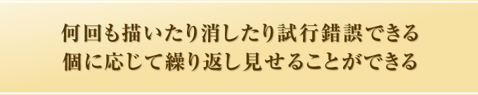 何回も描いたり消したり試行錯誤できる個に応じて繰り返し見せることができる