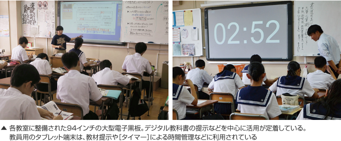 各教室に整備された94インチの大型電子黒板。デジタル教科書の提示などを中心に活用が定着している。教員用のタブレット端末は、教材提示や［タイマー］による時間管理などに利用されている
