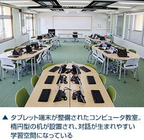 タブレット端末が整備されたコンピュータ教室。楕円型の机が設置され、対話が生まれやすい学習空間になっている
