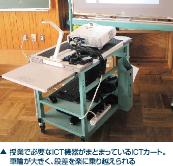 授業で必要なICT機器がまとまっているICTカート。車輪が大きく、段差を楽に乗り越えられる