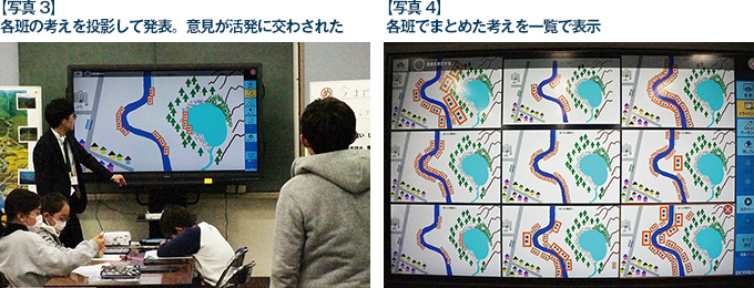 【写真3】各班の考えを投影して発表。意見が活発に交わされた 【写真4】各班でまとめた考えを一覧で表示