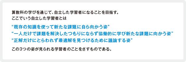 算数科の学びを通じて、自立した学習者になることを目指す。ここでいう自立した学習者とは “既存の知識を使って新たな課題に自ら向かう姿” “一人だけで課題を解決したつもりにならず協働的に学び新たな課題に向かう姿” “正解だけにとらわれず最適解を見つけるために議論する姿” この３つの姿が見られる学習者のことをさすものである。