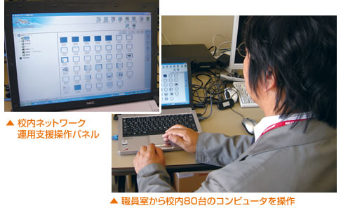 校内ネットワーク運用支援操作パネルで職員室から校内80台のコンピュータを操作