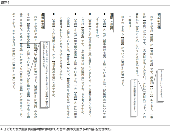 子どもたちが主張や反論の際に参考にした台本