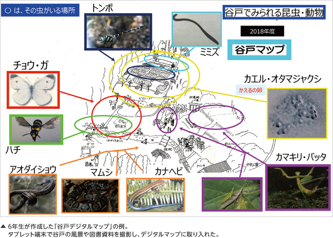 ６年生が作成した「谷戸デジタルマップ」の例。タブレット端末で谷戸の風景や図書資料を撮影し、デジタルマップに取り入れた。