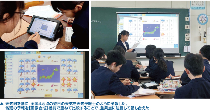 天気図を基に、全国4地点の翌日の天気を天気予報士のように予報した。各班の予報を[画像合成]機能で重ねて比較することで、差異点に注目して話し合えた